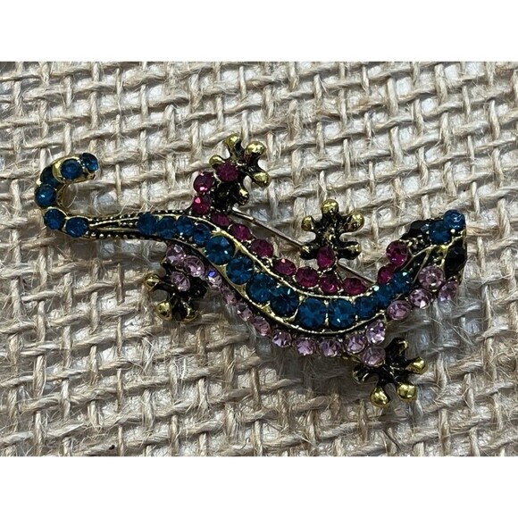 VTG Green Blue Rhinestone Brooch Pin Lizard Salamander A/B Gold Tone Whimsical - Picture 3 of 9